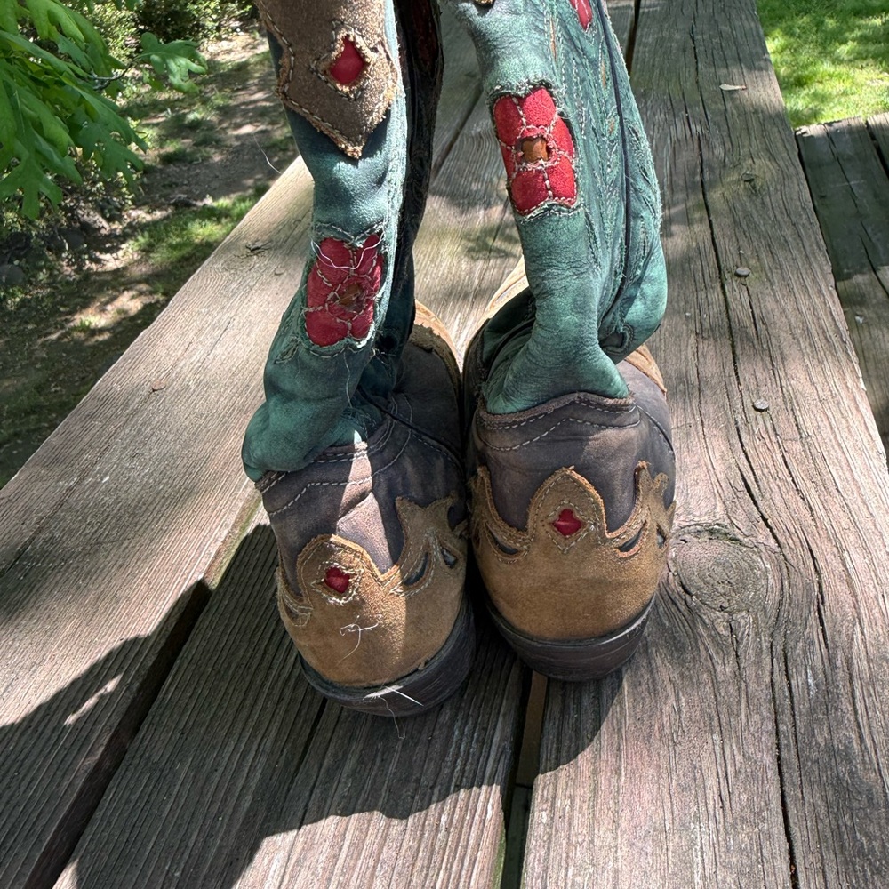 Dan Post Teal and Brown Embroidered Western Heeled Boots with Red Floral Accents - Picture 5 of 8